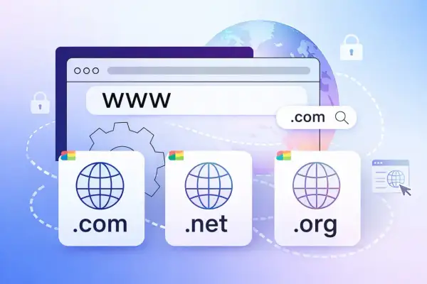 Navegador web mostrando "WWW" y extensiones de dominio como .com, .net, .org. Esto ilustra qué es un dominio web y cómo se usa.