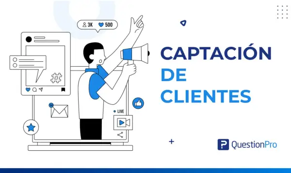 Persona con megáfono y móvil, promoviendo la captación de clientes. Iconos de redes sociales y notificaciones.
