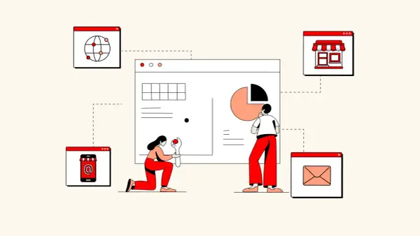 Ilustración que muestra cómo funciona una tienda online: personas interactuando con gráficos, un globo terráqueo, un móvil, una tienda y un email.
